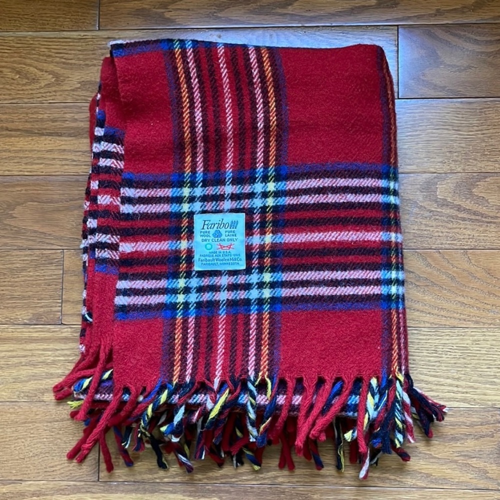 FARIBO 100% Wool Blanket Vintage Throw Fringe Plaid Red Faribault Woolen Mill Co